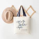 The Adventure Begins | Custom Wedding Welcome Tote Bag<br><div class="desc">Welcome guests to your wedding weekend or destination wedding with these chic and modern personalized tote bags. Design features "and so the adventure begins" in classic navy blue hand lettered script,  with your names and wedding date beneath.</div>