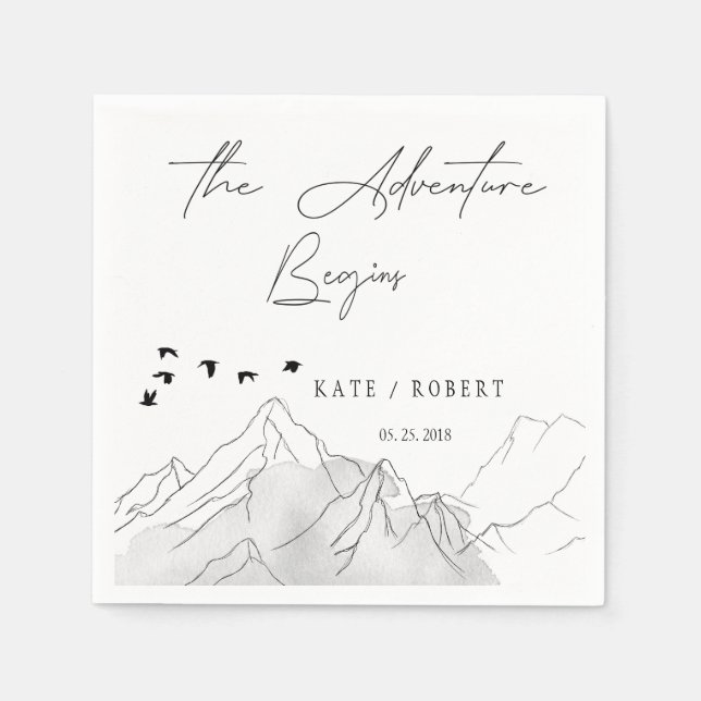 The Adventure Begins ⎥ Elegant Stencil Wedding Napkins (Front)