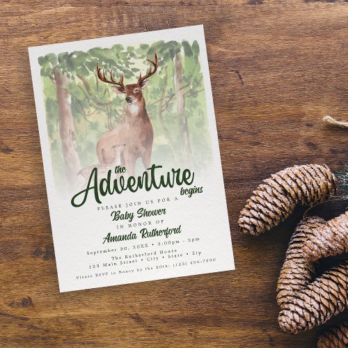 The Adventure Begins Forest Deer Baby Shower Invitation