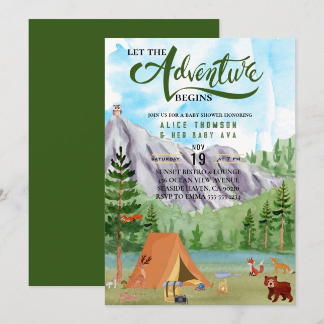 the adventure begins forest mountain baby shower invitation (Front/Back)