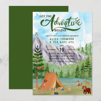 the adventure begins forest mountain baby shower invitation