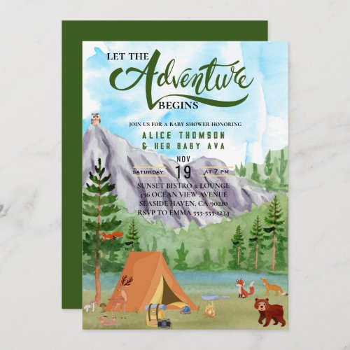 the adventure begins forest mountain baby shower invitation