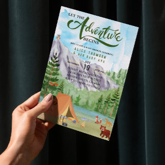 the adventure begins forest mountain baby shower invitation