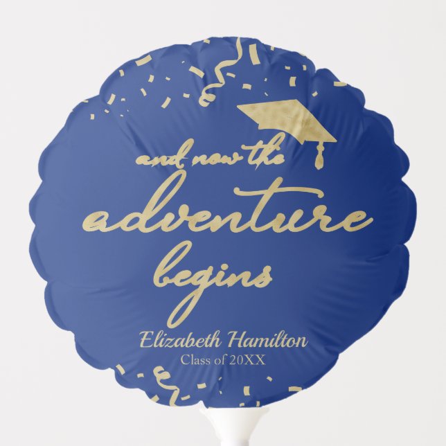 The Adventure Begins Gold Blue Graduation Party Balloon (Front)