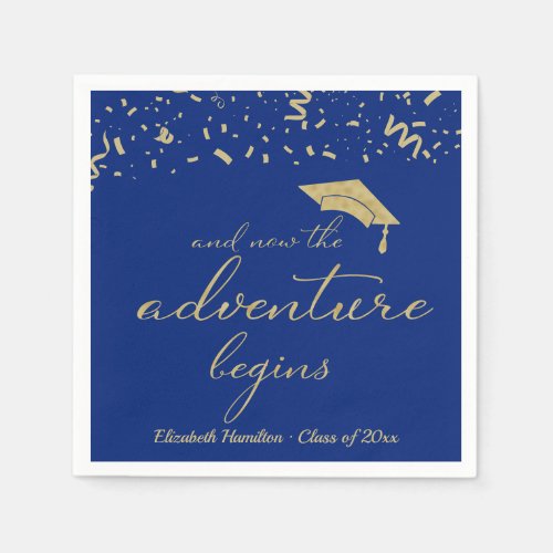 The Adventure Begins Gold Foil Blue Grad Party Napkins