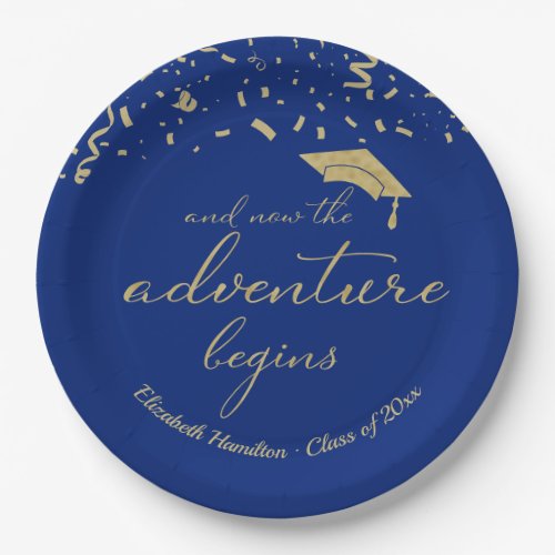 The Adventure Begins Gold Foil Blue Grad Party  Paper Plates