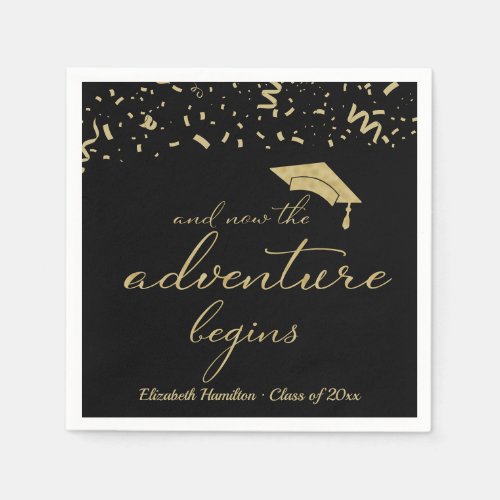 The Adventure Begins Gold Foil Graduation Party Napkins