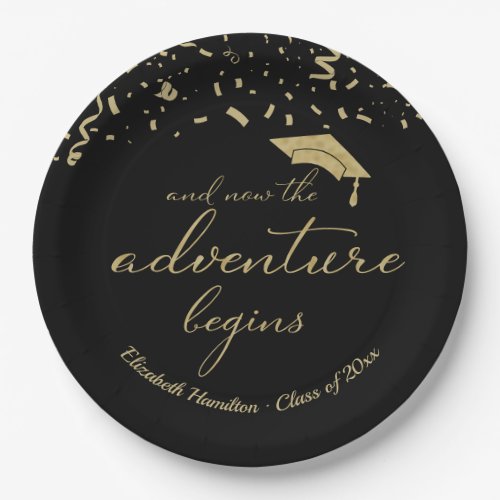 The Adventure Begins Gold Foil Graduation Party Paper Plates