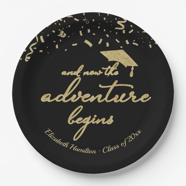The Adventure Begins Gold Foil Graduation Party Paper Plates (Front)