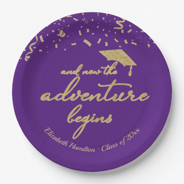 The Adventure Begins Gold Foil Graduation Party  Paper Plates (Front)