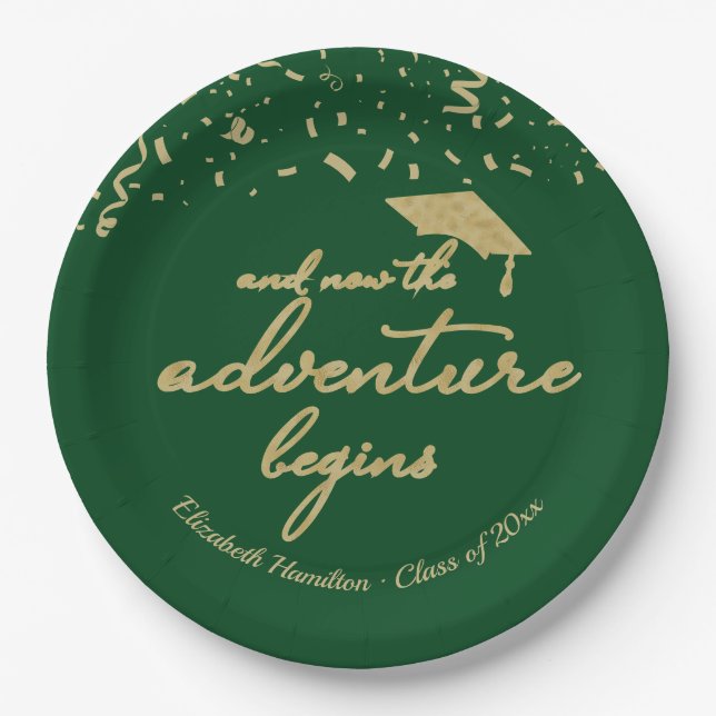 The Adventure Begins Gold Foil Green Grad Party Paper Plates (Front)