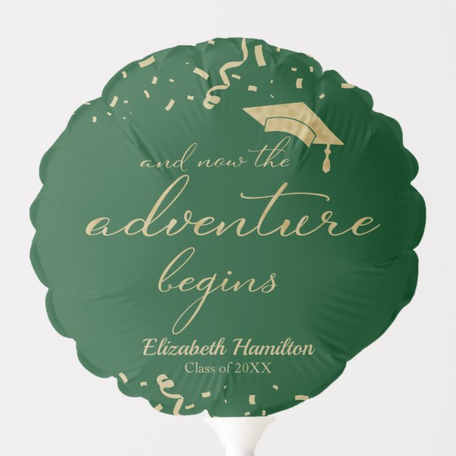 The Adventure Begins Gold Green Graduation Party Balloon (Front)