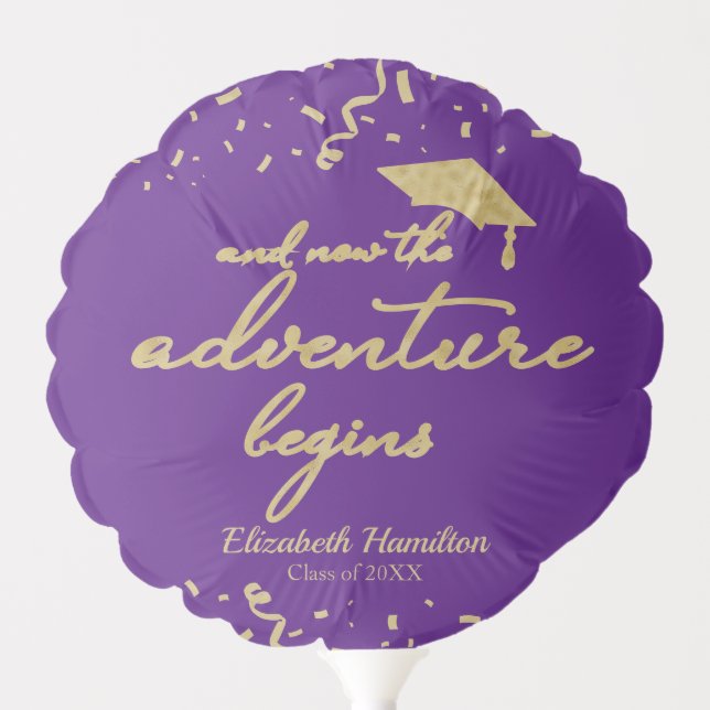 The Adventure Begins Gold Purple Graduation Party Balloon (Front)