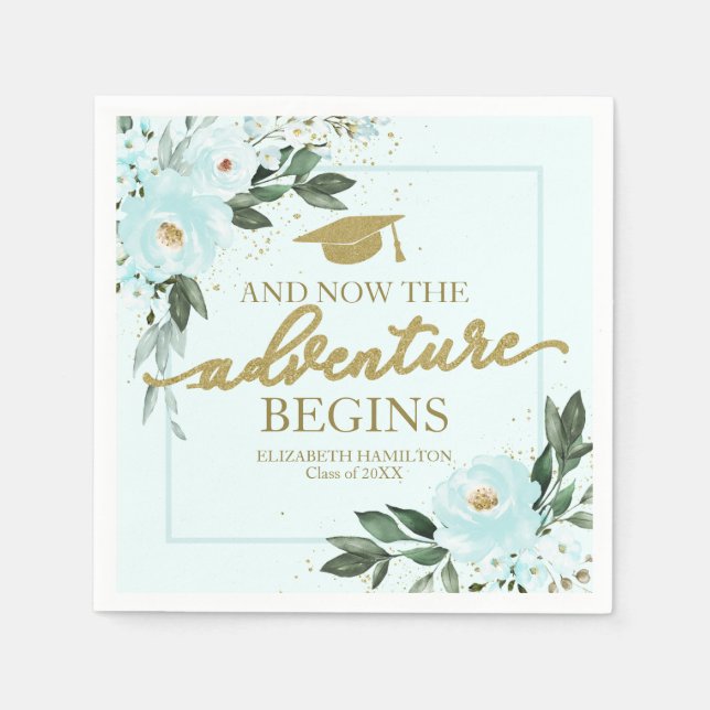 The Adventure Begins Gold Teal Floral Grad Party Napkins (Front)