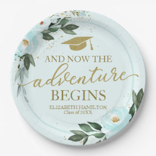 The Adventure Begins Gold Teal Floral Grad Party Paper Plates