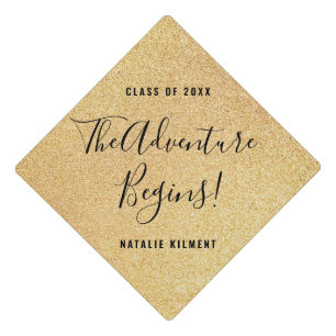 The Adventure Begins Grad Black and Gold Glitter Graduation Cap Topper