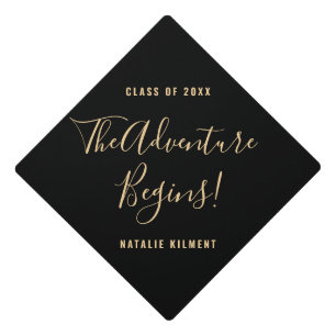 The Adventure Begins Grad Black and Gold Name Graduation Cap Topper