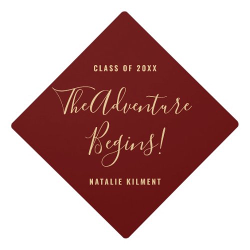 The Adventure Begins Grad Red and Gold Name Graduation Cap Topper