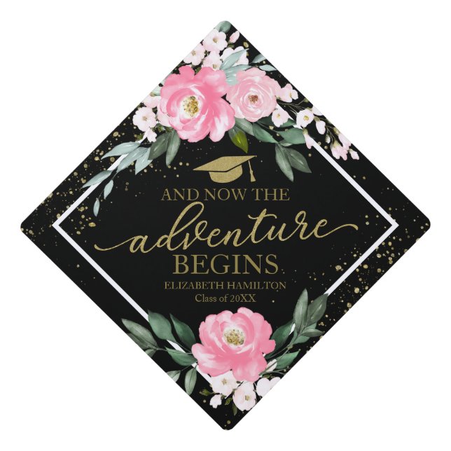 The Adventure Begins Hot Pink Floral Bouquet Graduation Cap Topper (Front)