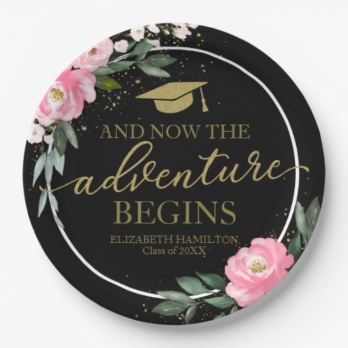 The Adventure Begins Hot Pink Floral Grad Party Paper Plates