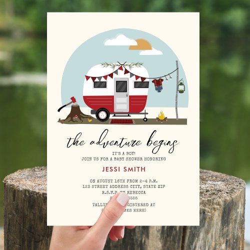 The Adventure Begins Lumberjack Camper Baby Shower Invitation