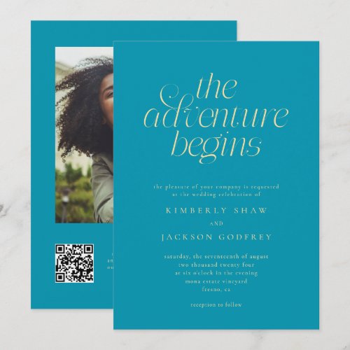 The Adventure Begins Minimal Aqua Blue Wedding Invitation