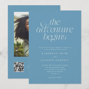 The Adventure Begins Minimal Denim Blue Wedding Invitation