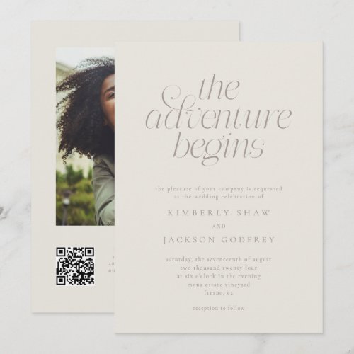 The Adventure Begins Minimal Greige Wedding Invitation