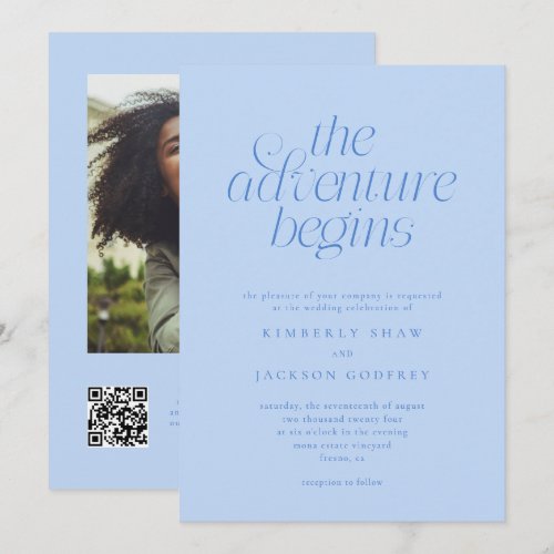 The Adventure Begins Minimal Icy Blue Wedding Invitation