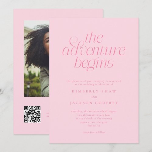 The Adventure Begins Minimal Pink Wedding Invitation