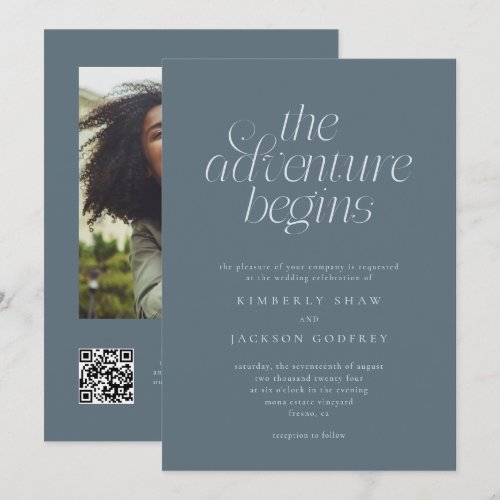 The Adventure Begins Minimal Slate Blue Wedding Invitation