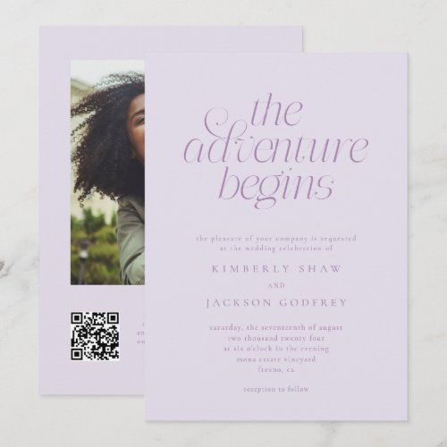 The Adventure Begins Minimalist Lilac Wedding Invitation