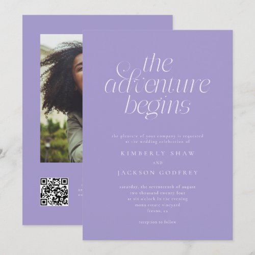 The Adventure Begins Minimalist Violet Wedding Invitation