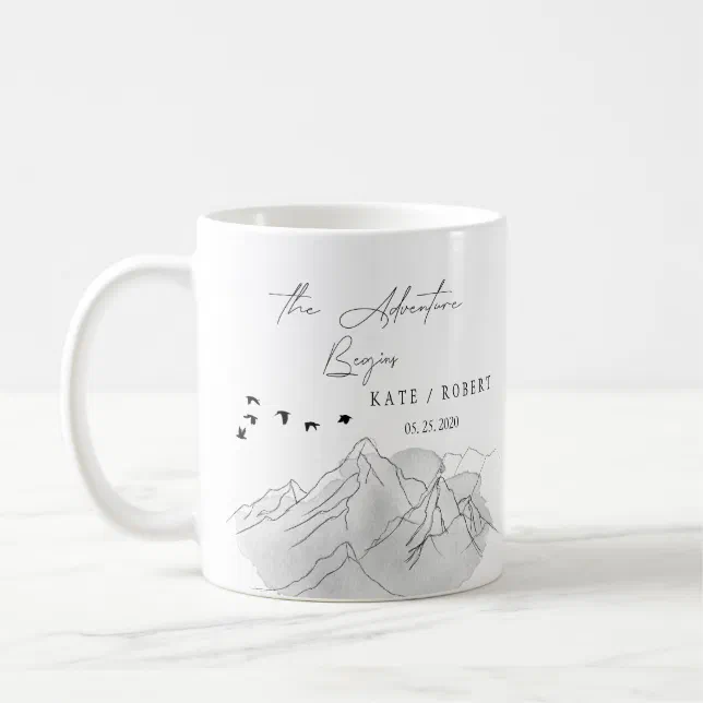 the adventure begins mountain illustration wedding coffee mug | Zazzle