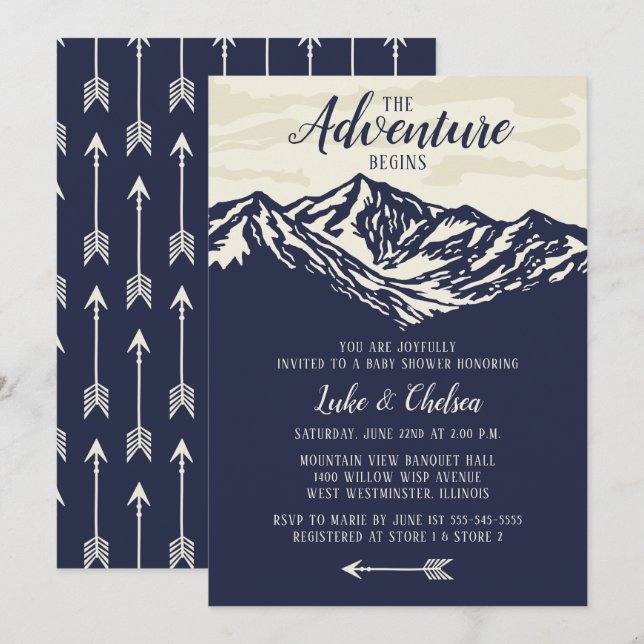 The Adventure Begins Mountain Rustic Baby Shower Invitation (Front/Back)