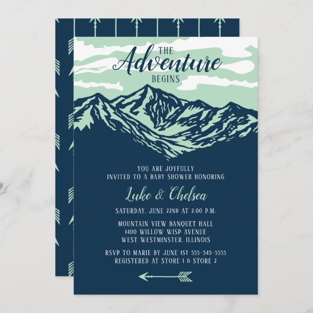 The Adventure Begins Mountain Rustic Baby Shower Invitation (Front/Back)