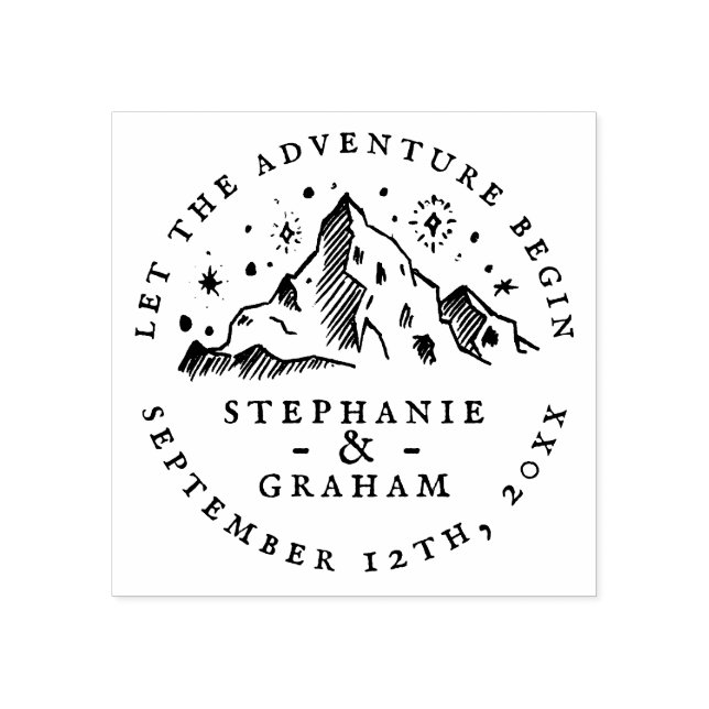 The Adventure Begins Mountain Sketch Wedding Date Rubber Stamp (Imprint)