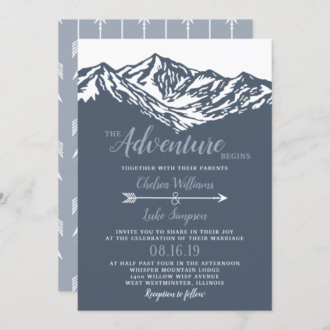 The Adventure Begins Mountain Wedding Dusty Blue Invitation (Front/Back)