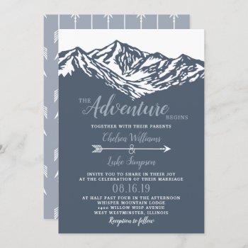 The Adventure Begins Mountain Wedding Dusty Blue Invitation by prettypicture at Zazzle