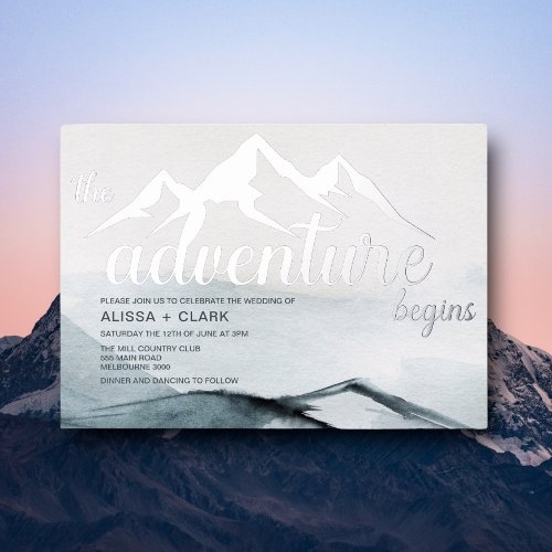 The Adventure Begins Mountain Wedding Foil Invitation