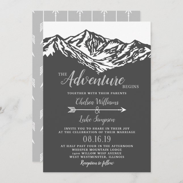The Adventure Begins Mountain Wedding Gray Invitation (Front/Back)