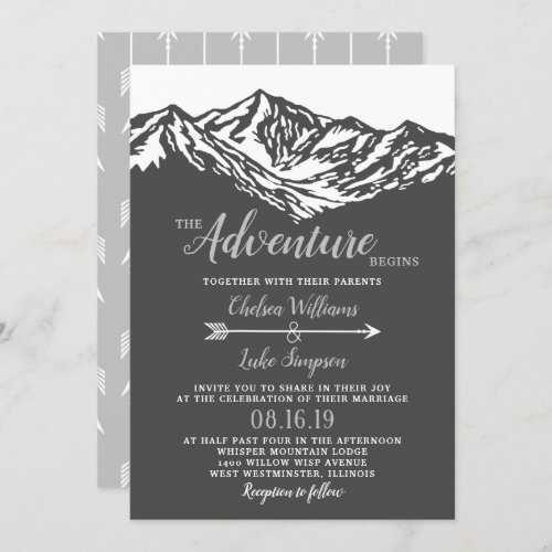 The Adventure Begins Mountain Wedding Gray Invitation