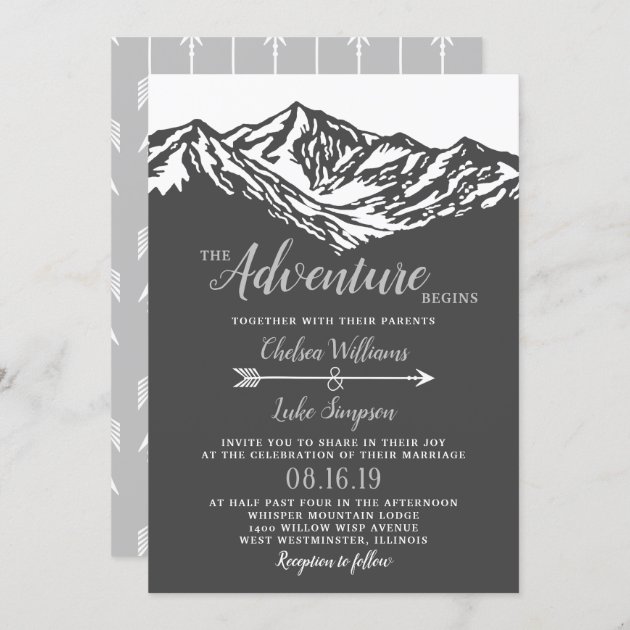 The Adventure Begins Mountain Wedding Gray Invitation | Zazzle