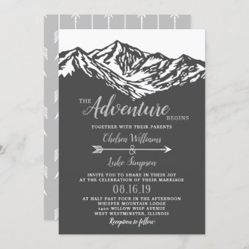 The Adventure Begins Mountain Wedding Gray Invitation by prettypicture at Zazzle