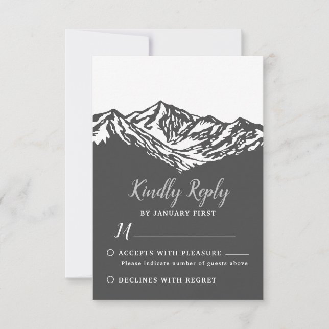 The Adventure Begins Mountain Wedding Gray RSVP Card (Front)