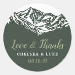 The Adventure Begins Mountain Wedding Thank You Classic Round Sticker at Zazzle