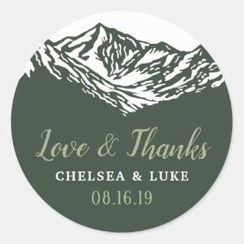 The Adventure Begins Mountain Wedding Thank You Classic Round Sticker by prettypicture at Zazzle