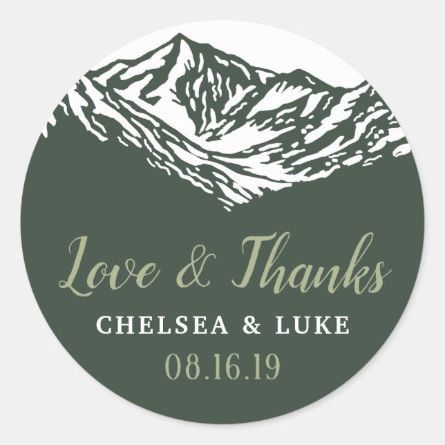 The Adventure Begins Mountain Wedding Thank You Classic Round Sticker (Front)