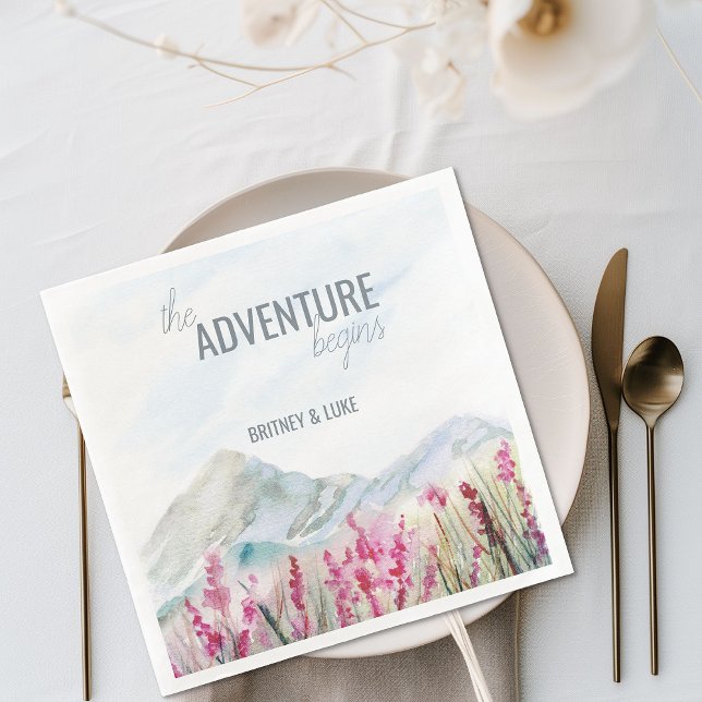 The Adventure Begins Mountain Wedding Watercolor Paper Dinner Napkins (Mountain wedding dinner napkins)