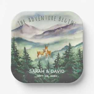 The Adventure Begins Mountains Deer Forest Wedding Paper Plates